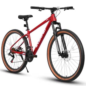 27 in. Wheels Mountain Bike Carbon steel Frame Disc Brakes Thumb Shifter Front fork Bicycles, Red