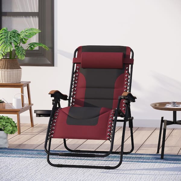 PHI VILLA Black and Red Metal Oversized Padded Folding Zero Gravity Chair with Cup Holder Outdoor Patio Adjustable Recliner