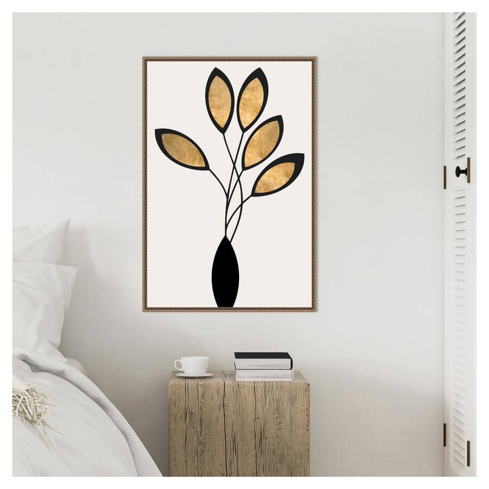 23"x33" Black and Gold Abstract Floral Canvas with Bronze Frame