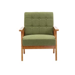 Mid-Century Upholstered Green Linen Fabric Accent Arm Chair with Solid Wood Frame