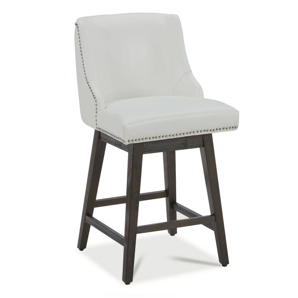 White Faux Leather Swivel Counter Stools with Espresso Wood Frame, Set of 2