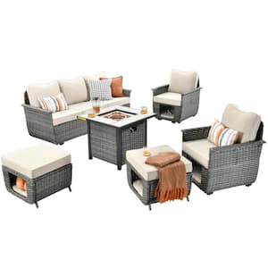 Sierra Black 6-Piece Wicker Multi-Functional Fire Pit Patio Conversation Sofa Seating Set with Beige Cushions