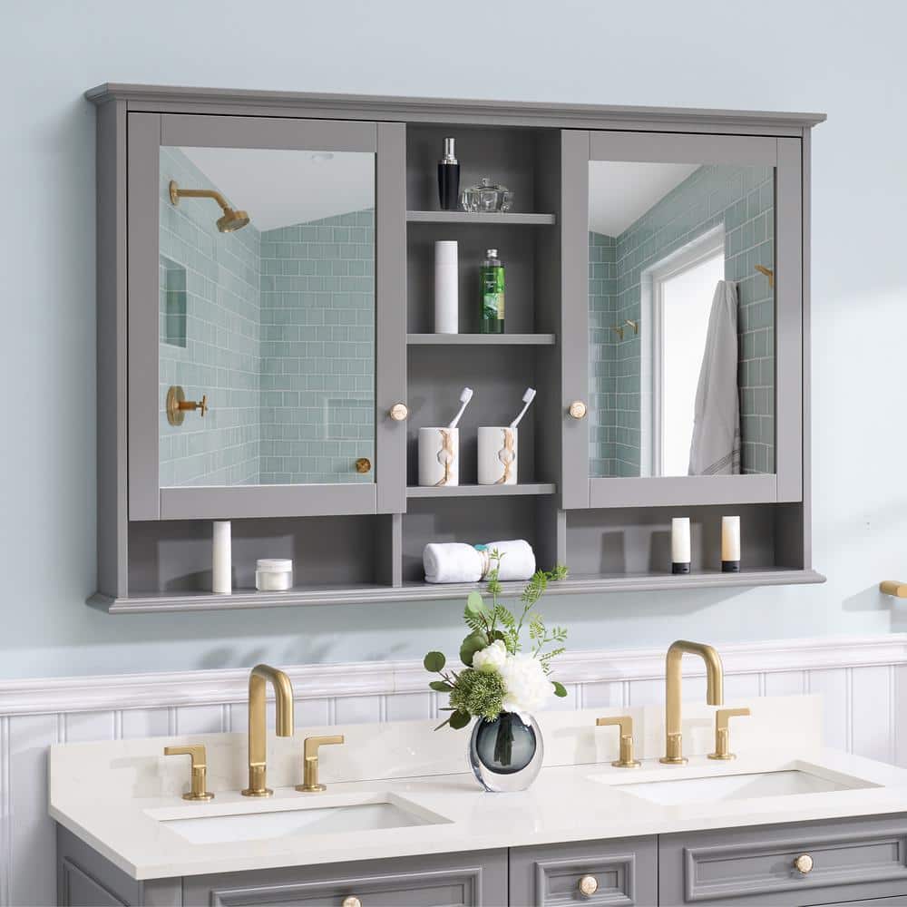 55 in. W x 35 in. H Rectangular Titainum Gray Wood Surface Mount Medicine Cabinet with Mirror Double Soft Close Doors
