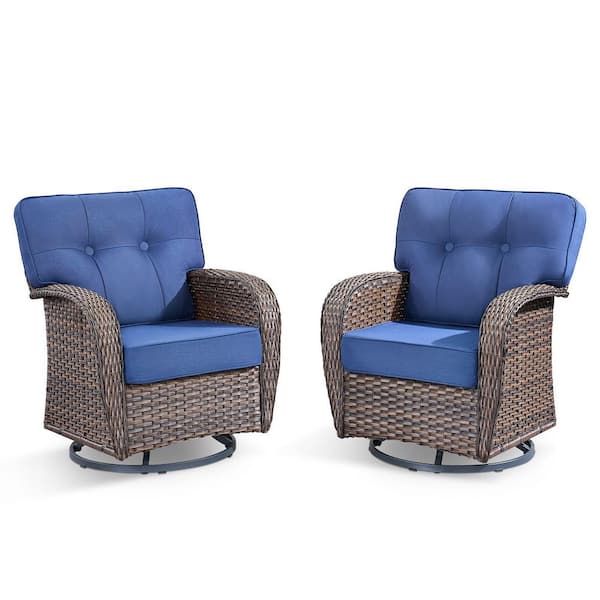 T-Frame Brown Wicker Outdoor Swivel Glider Chairs with Olefin Blue 5 in. Thick Cushions (2-Pack)