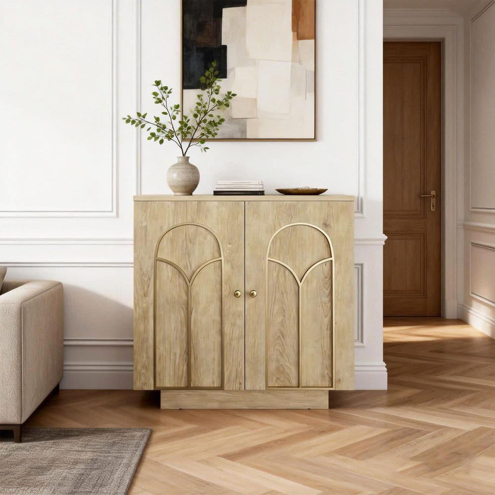 Light Oak 30.3 in. Accent Cabinet Storage Cabinet with 2 Shelves and Arched Doors, Gold Trim for Living Room Entryway