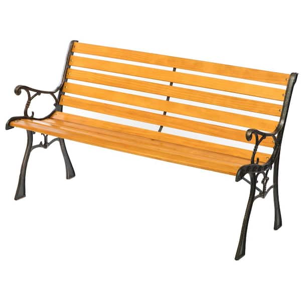 Gardenised Wooden Outdoor Park Patio Garden Yard Bench With Designed Steel Armrest And Legs Qi003712 The Home Depot