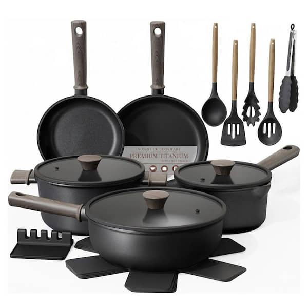 19 pcs Black Titanium Non-Stick Induction Kitchen Cookware Set with Heat-Resistant Handles and Glass Lids