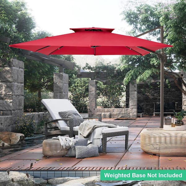 11 ft. x 11 ft. Square Two-Tier Top Rotation Outdoor Cantilever Patio Umbrella with Cover in Red