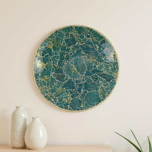 Qwin Green Glass Decorative Wall Platter Sculpture with Mosaic Pattern