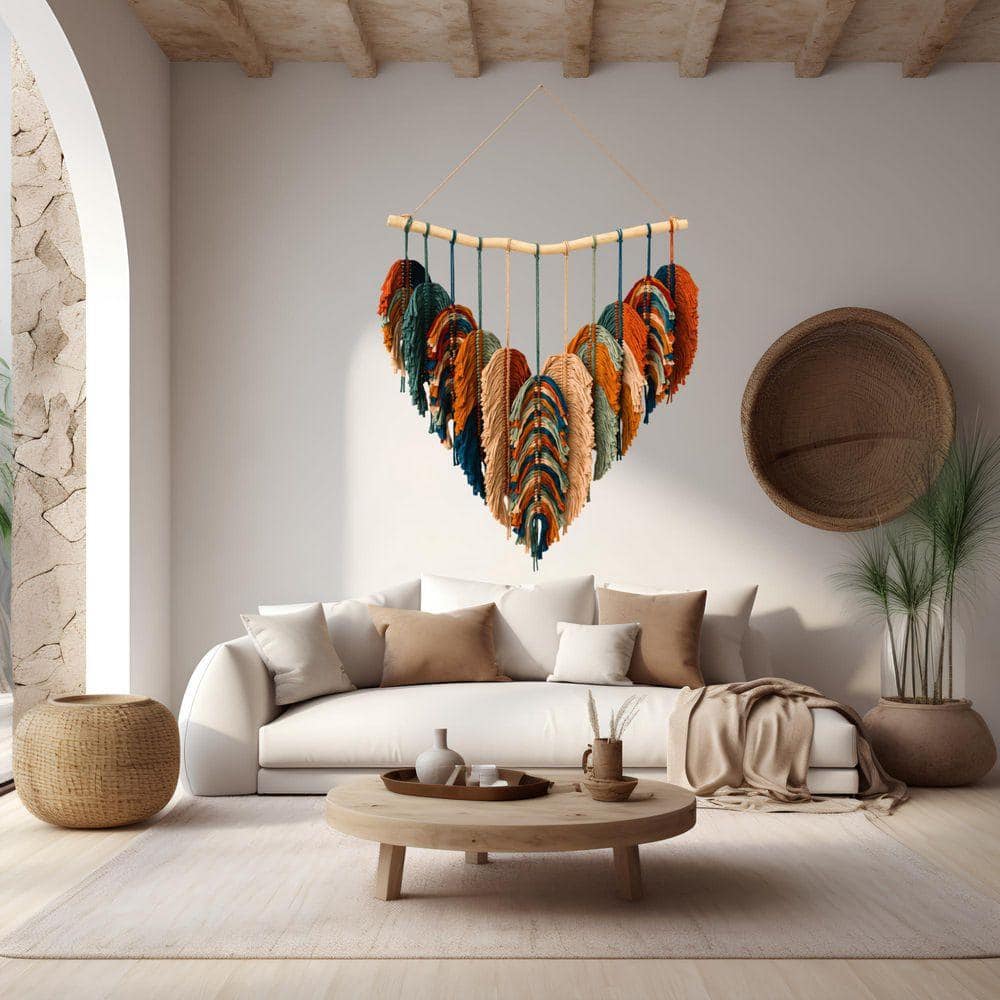 【マミー】バリ島羽根のオブジェとbohoウォールデコ 31 in. x 39 in. Multi-Colored Boho Large Macrame Wall Hanging