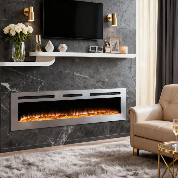 60 in. Stainless Steel Wall Mounted Electric Fireplace with Remote Control in Silver