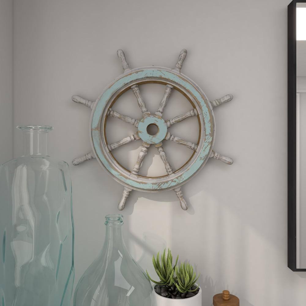 24" Blue and White Distressed Wood Ship Wheel Wall Decor