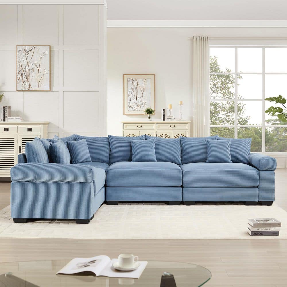 Gillian Modern 116.9 in. Cloud Corduroy Upholstery Modular L-Shaped Sectional Sofa in. Blue with 13 Throw Pillows