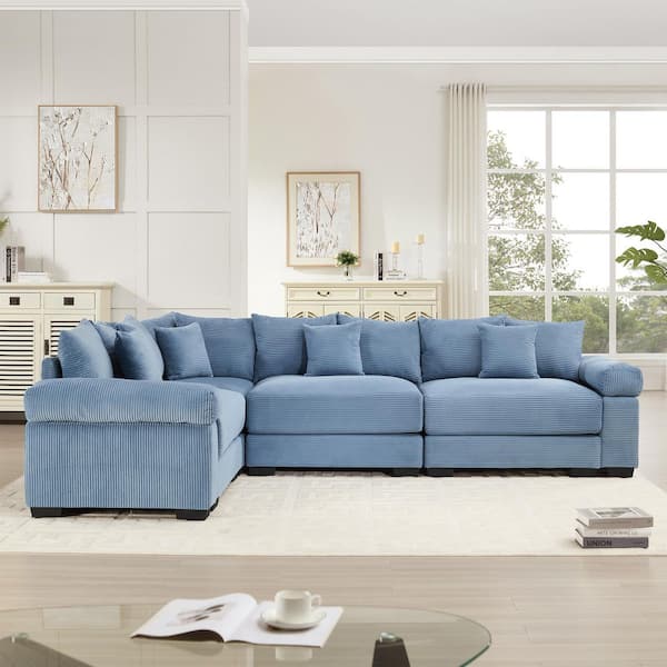Gillian Modern 116.9 in. Cloud Corduroy Upholstery Modular L-Shaped Sectional Sofa in. Blue with 13 Throw Pillows