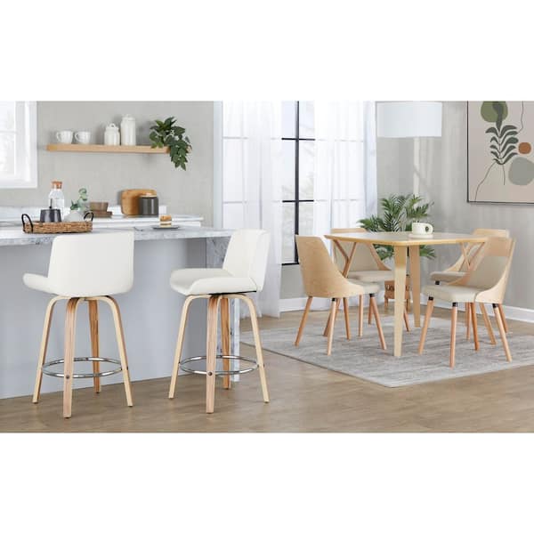 Santi 36 in. H White Faux Leather, Zebra Wood and Chrome Metal Fixed-Height Counter Stool with Round Footrest(Set of 2)