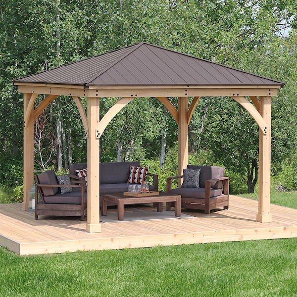 Yardistry Meridian 12 ft. x 12 ft. Premium Cedar Outdoor Patio Shade Gazebo with Architectural Posts and Brown Aluminum Roof