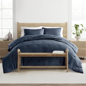 Waffle Textured 3-Piece All Season Down-Alternative Queen Comforter Set in Navy