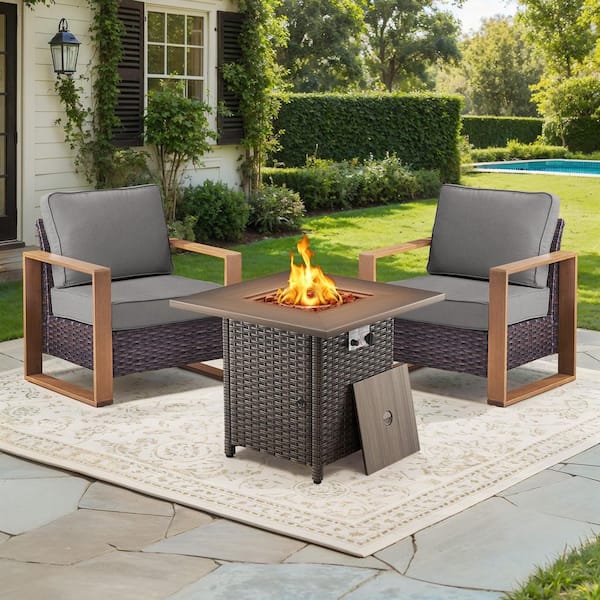 FanKan Brown 3-Piece Wicker Outdoor Glider Chair Patio Deep Seating with Rectangular Fire Table and Gray Cushions