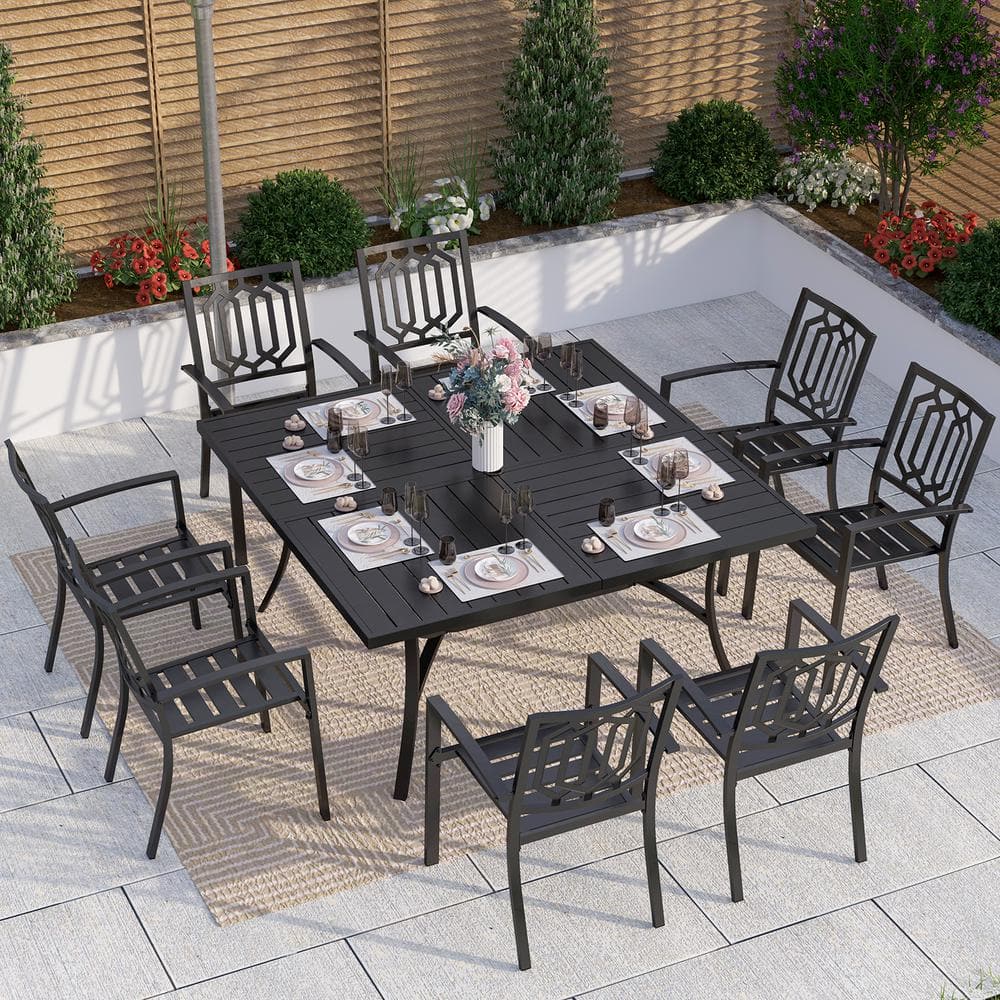 Black 9-Piece Metal Outdoor Patio Dining Set with Slat Square Table and Fashion Stackable Chairs
