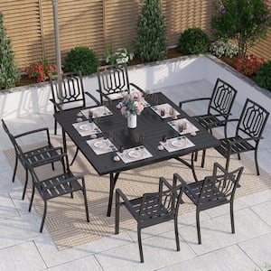Black 9-Piece Metal Outdoor Patio Dining Set with Slat Square Table and Fashion Stackable Chairs