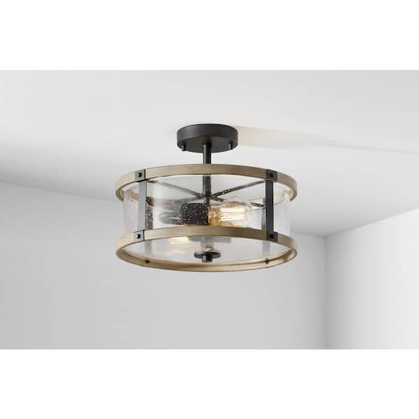 Richland 2-Light Grey Wood Semi Flush Mount Clear Seedy Glass