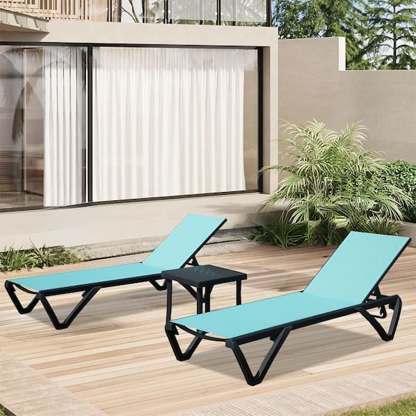 Unbranded Lake Blue 3-Piece Metal Plastic Outdoor Lounge Chair Set with Side Table, 5 Position Adjustable Backrest