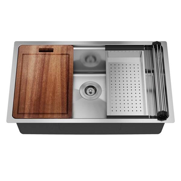 31 in. Undermount Single Bowl Stainless Steel Workstation Sink in Brushed with Cutting Board, Roller Blind, Drain Grid