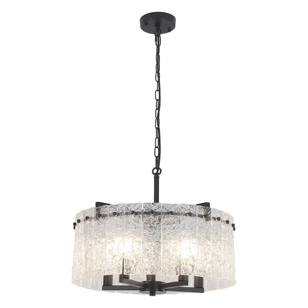 18.7 in. 5-Light Matte Black Drum Chandelier with Glass Shade and No Bulbs Included For Dinning Room Foyer