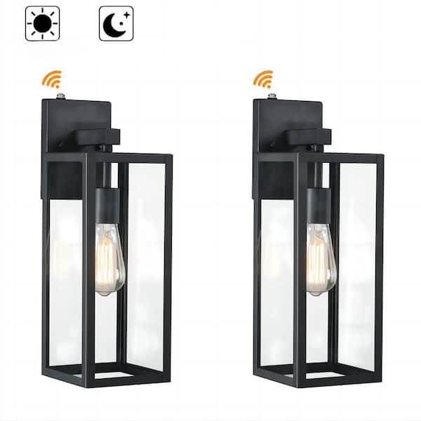 Martin 17.5 in. 1-Light Matte Black Hardwired Outdoor Wall Lantern Sconce with Dusk to Dawn (2-Pack)