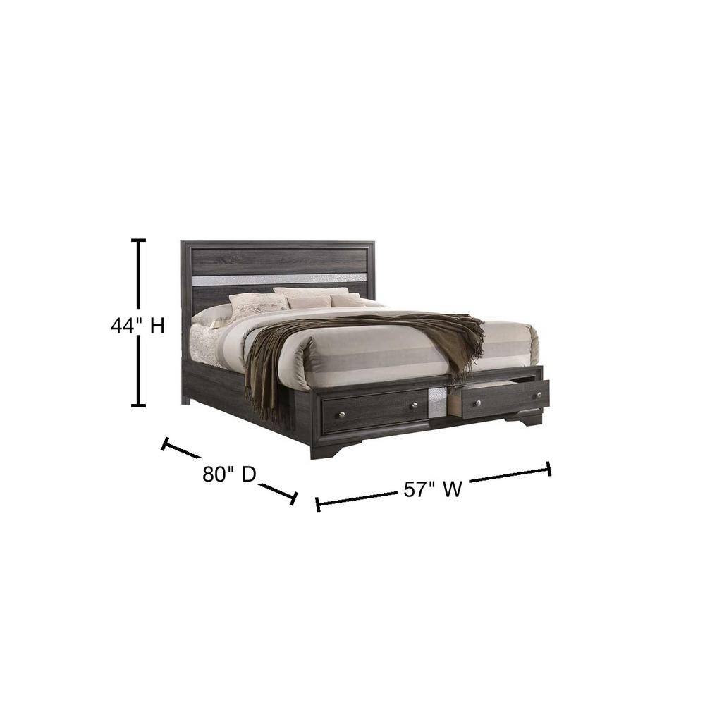 Catherine Full Double Gray Wood Bedframe with Silver Detailing and Drawer Storage