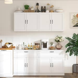 White Wooden 63 in. W Food Pantry, Sideboard, Pantry Cabinet, with Wall Mounted Kitchen Cabinet (2 Parts)