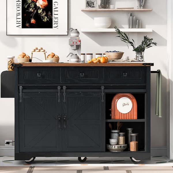 Zeus & Ruta Black 53.7 in. Outdoor Kitchen Island Kitchen Storage