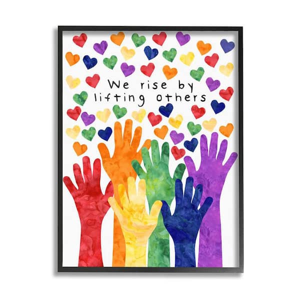 The Stupell Home Decor Collection We Rise by Lifting Others Rainbow Hand Hearts by Erica Billups Framed Typography Art Print 14 in. x 11 in.