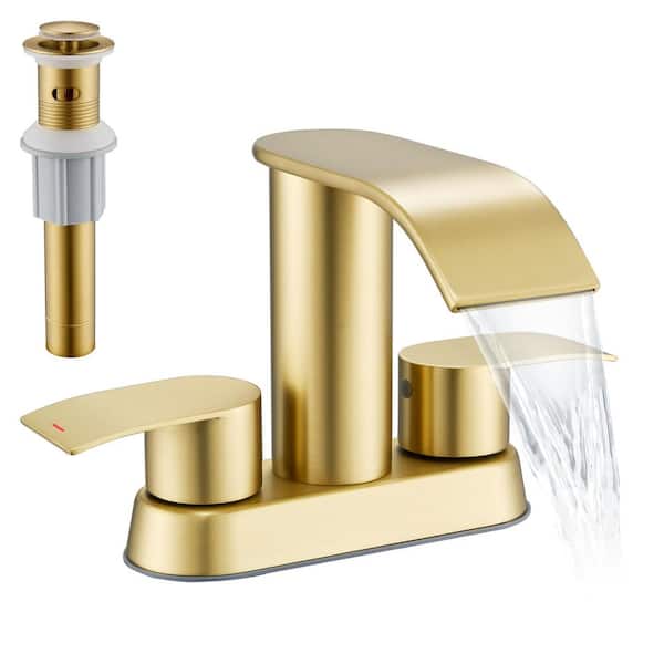 4 in. Centerset Double-Handle Waterfall Spout Bathroom Vessel Sink Faucet with Pop Up Drain Kit in Brushed Gold