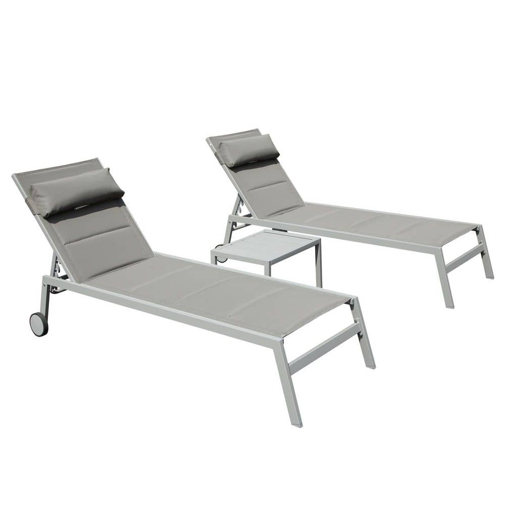 3-Piece Gray Outdoor Aluminum Chaise Lounge Set, Patio Adjustable Recliner 