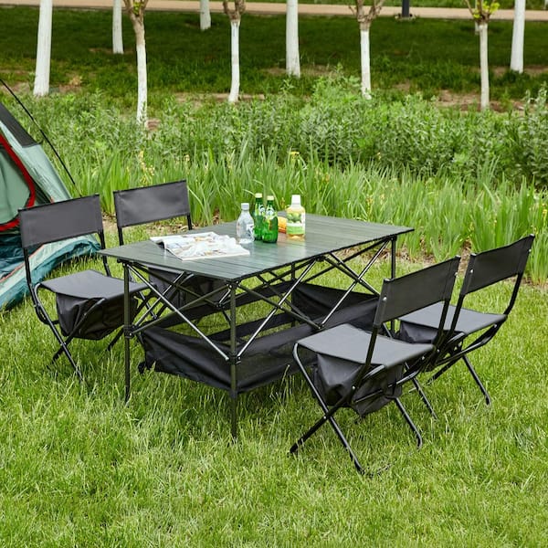 5-Piece Black and Gray Folding Outdoor Table and Lawn Chairs Set for Indoor, Outdoor Camping, Picnics, Beach, Party
