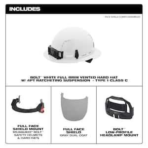 BOLT White Type 1 Class C Full Brim Vented Hard Hat with 4-Point Ratcheting Suspension with Smoke Full Face Shield