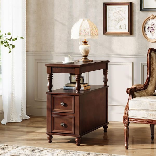 BYBLIGHT Kerlin 23.6 in. Brown Rectangle Solid Wood End Table Side Table with 2 Drawers for Living Room