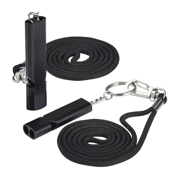 SenQWFa 2.2 in. Double Tube 120 dB Black Survival Safety Whistle with Lanyard and Keychain for Outdoor Adventures (2-Pack)