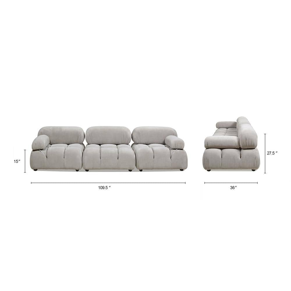 Pebble Gray Tufted Modular 3-Piece Sofa with Round Arms