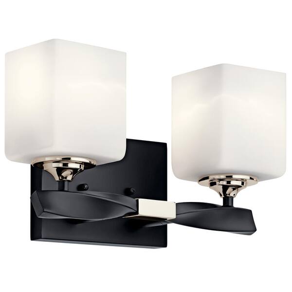 Marette 13.5 in. 2-Light Black Contemporary Bathroom Vanity Light with Satin Etched Cased Opal Glass