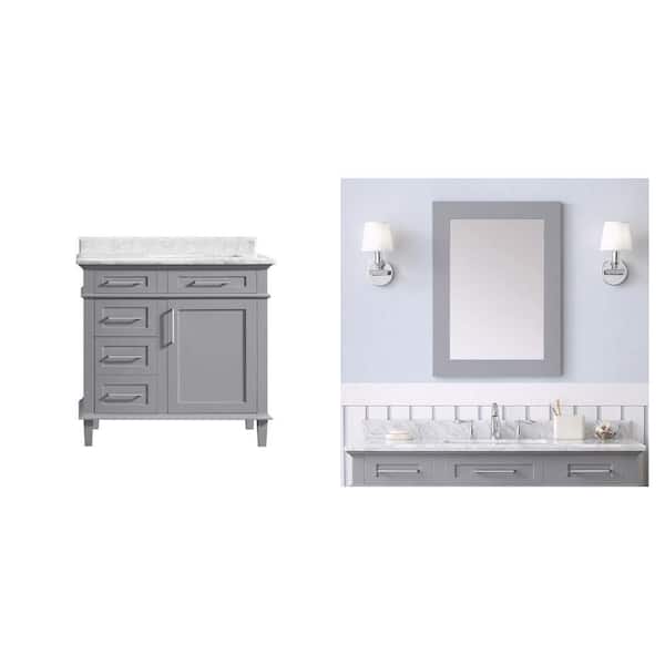 Sonoma 36 in. Pebble Gray Vanity with Carrara Marble Top and 22 in. x 30 in. Mirror Combo