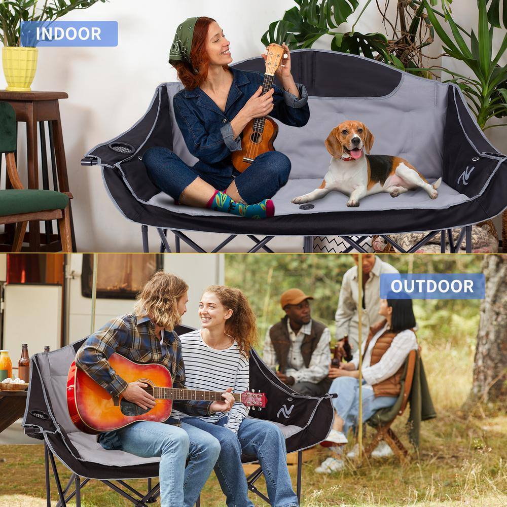 XXXL Heated Double Black Gray Steel Camping Chair with Cushions