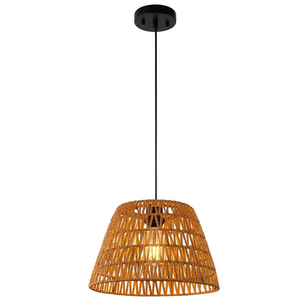 YANSUN 1-Light Brown Boho Woven Rattan Pendant Lights