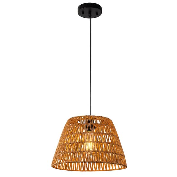 YANSUN 1-Light Brown Boho Woven Rattan Pendant Lights, Adjustable Hanging Fixtures for Kitchen Island, Dining Room (3-Pack)