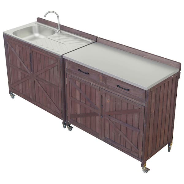 Brown 39.4 in. x 21 in. x 38.7 in. Outdoor Kitchen Cabinet Kitchen Island with Faucet, Drawer, 2 Door Shelves and Wheels