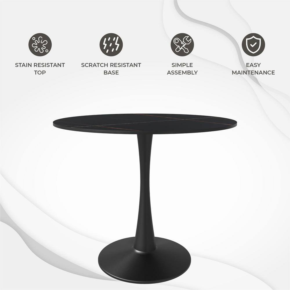 Bristol 35" Round Black Sintered Stone Dining Table with Steel Base