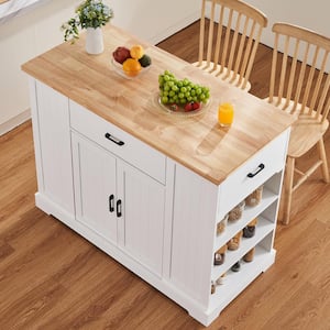 Kitchen Island Cart, Wood Top Breakfast Bar, Kitchen Cart with Table, Drawer, for Dining Kitchen Living Room, White