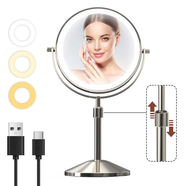 yulika 7 in. W x 16.5 in. H Round Magnifying Tabletop Height AdjustableMirror with 3 Colors Bathroom Makeup Mirror in Nickel