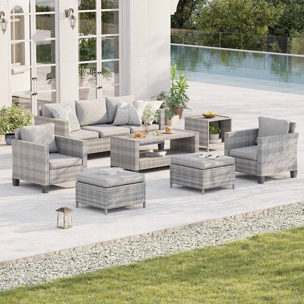 7-Piece Patio Conversation Set Grey Wicker Outdoor Furniture Set Three-Seat Sofa Thickening Cushions, Linen Grey